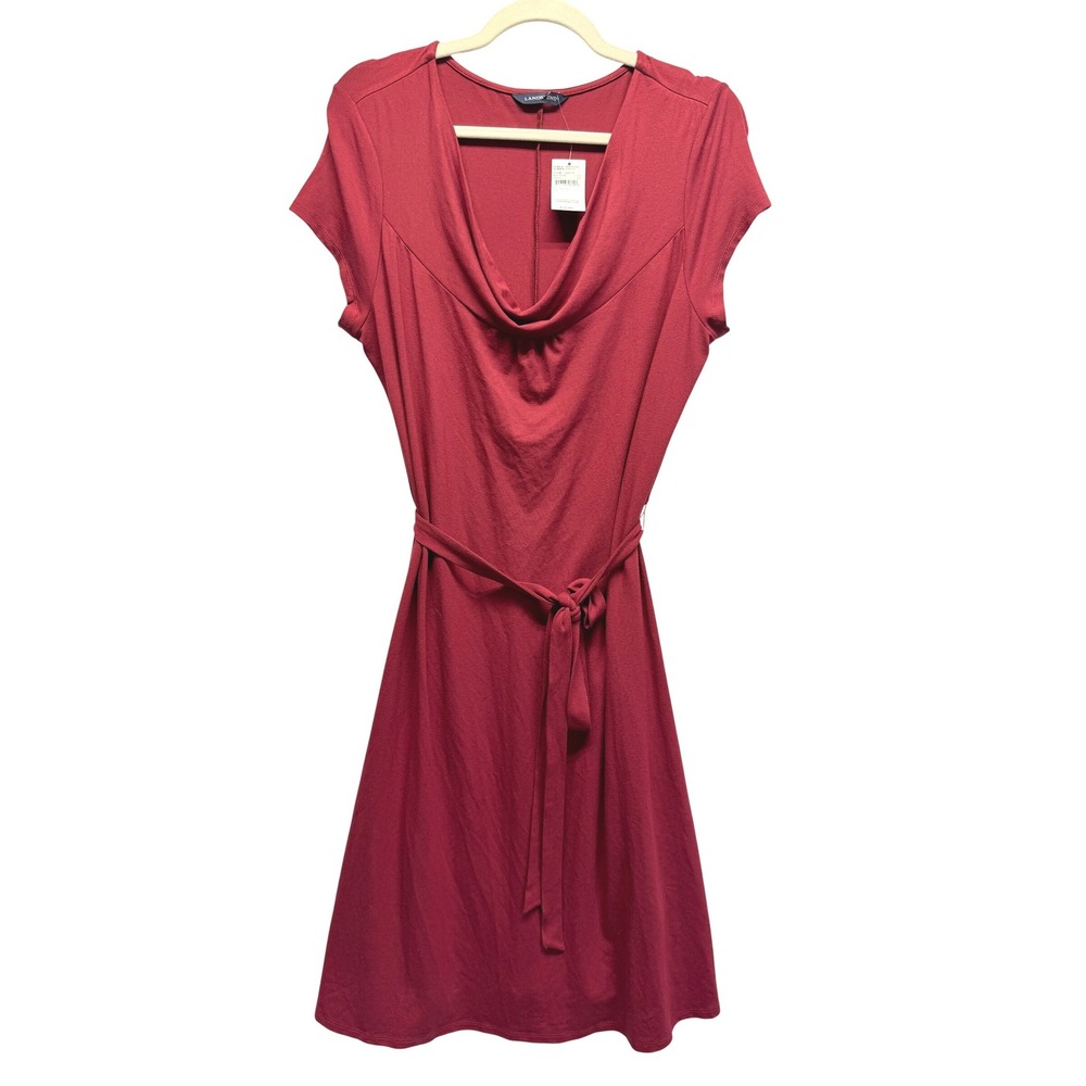 NWT Lands End Womens Red Cowl Neck Short Sleeve Belted A-Line Dress